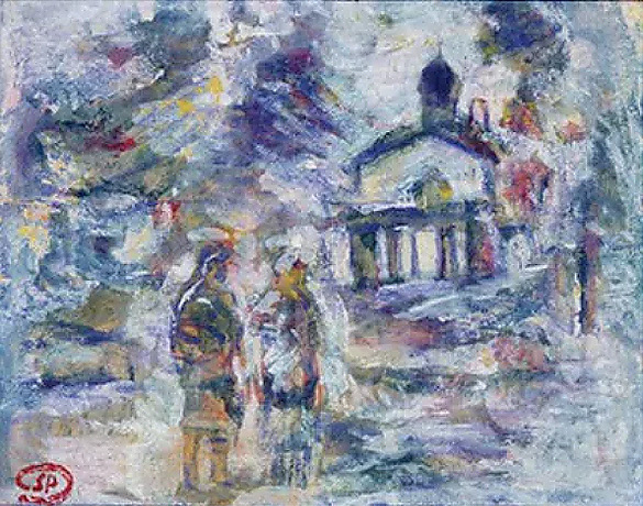 Landschaft mit russischer Kirche, 1940, Gouache auf Papier