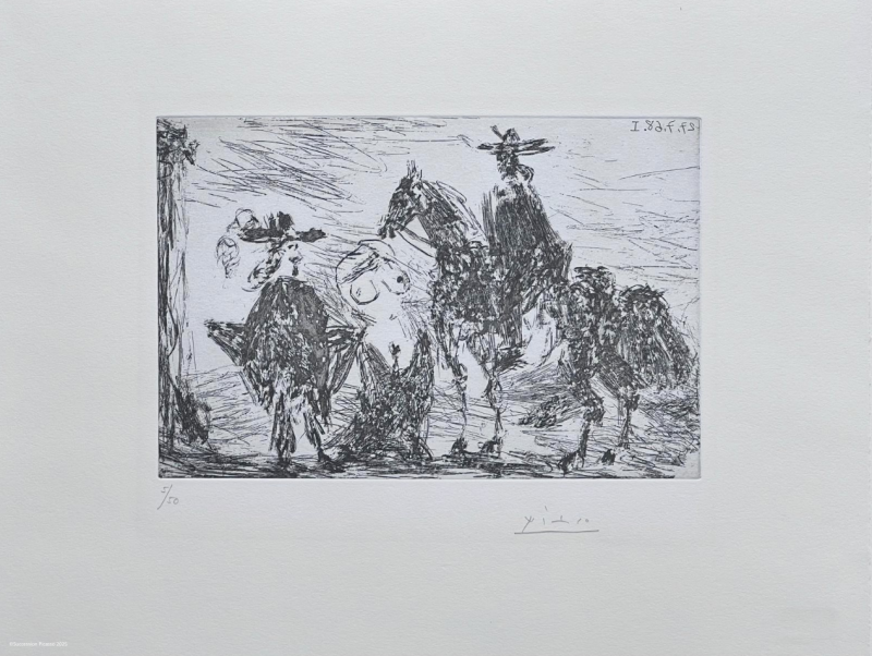 Gentleman, shameful woman and reitre (Etching) - Pablo  PICASSO