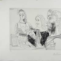 Hombre con chaleco afgano que reflexiona sobre el amor entre un «mosquetero» y su amada (Aguafuerte) — Pablo PICASSO — Vista frontal