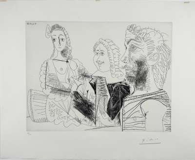 Homme en gilet afghan songeant aux amours d'un "Mousquetaire" et de sa dulcin&eacute;e (Eau-forte) - Pablo  PICASSO