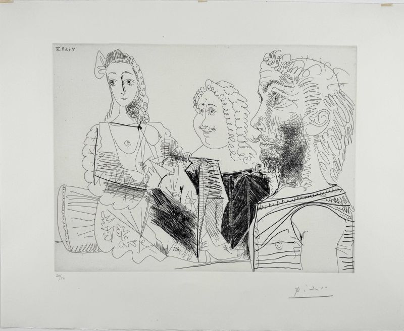 Hombre con chaleco afgano que reflexiona sobre el amor entre un «mosquetero» y su amada (Aguafuerte) — Pablo PICASSO — Vista frontal