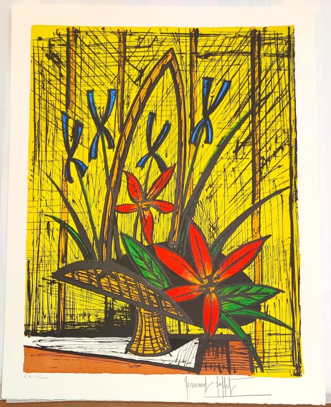 Bouquet aux Iris et fleurs rouges (Lithographie) - Bernard BUFFET