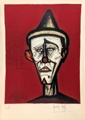 Mon Cirque, le clown au fond rouge (Lithographie) - Bernard BUFFET