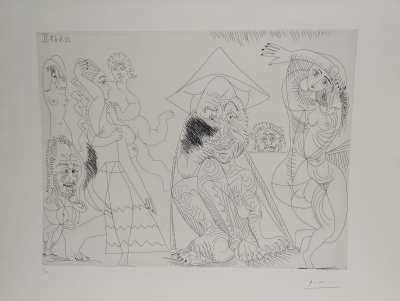 Vieil homme au chapeau tonkinois songeant aux amours des vieux messieurs (Eau-forte) - Pablo  PICASSO