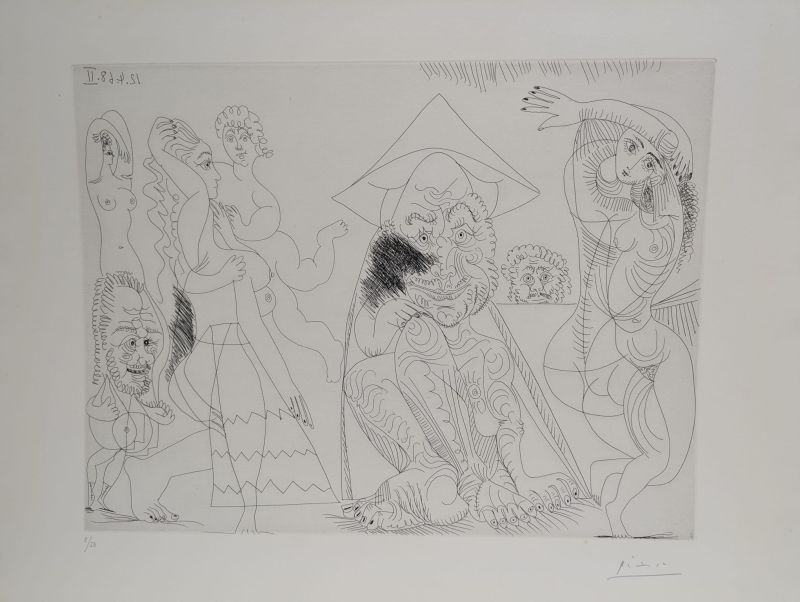 Old man in a Tonkin hat pondering the love affairs of elderly gentlemen (Etching) - Pablo  PICASSO