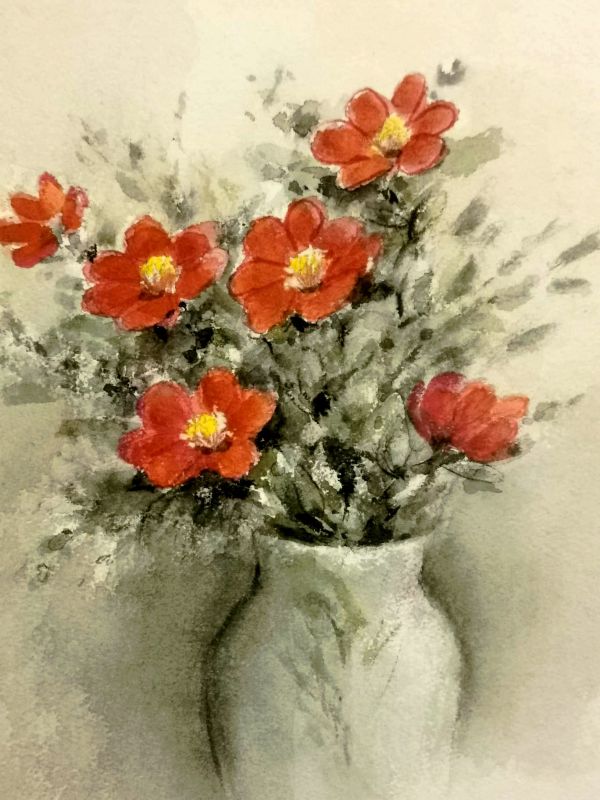 Dahlias rouges (Aquarelle (contemporain)) - Annapia ANTONINI
