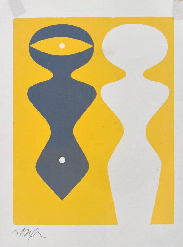 Two figures on a yellow background (Wood engraving) - Hans ARP