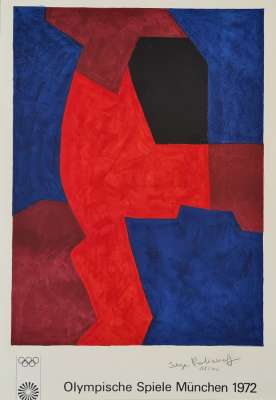 Komposition in Blau, Rot und Schwarz (Farblithographie) - Serge  POLIAKOFF