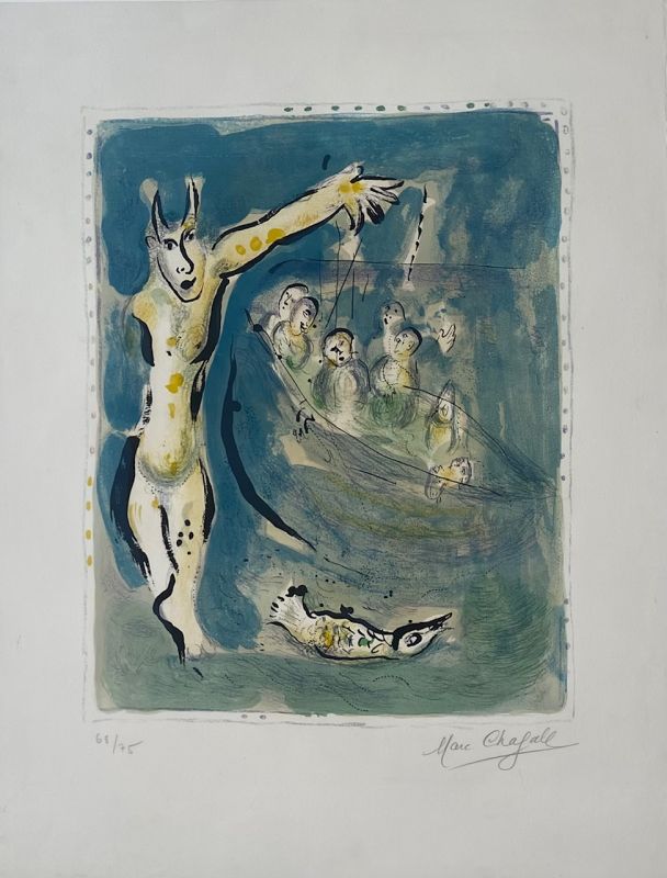 Sur la terre des Dieux (Planche 7) : Près des eaux d'Aulis blanches de remous quand les voiles carguées, les soutes vides firent gronder la rumeur des soldats (Eschyle) (Litografía) - Marc CHAGALL