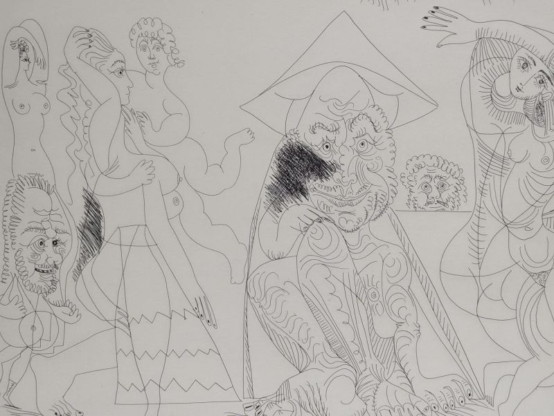 Old man in a Tonkin hat pondering the love affairs of elderly gentlemen (Etching) - Pablo  PICASSO