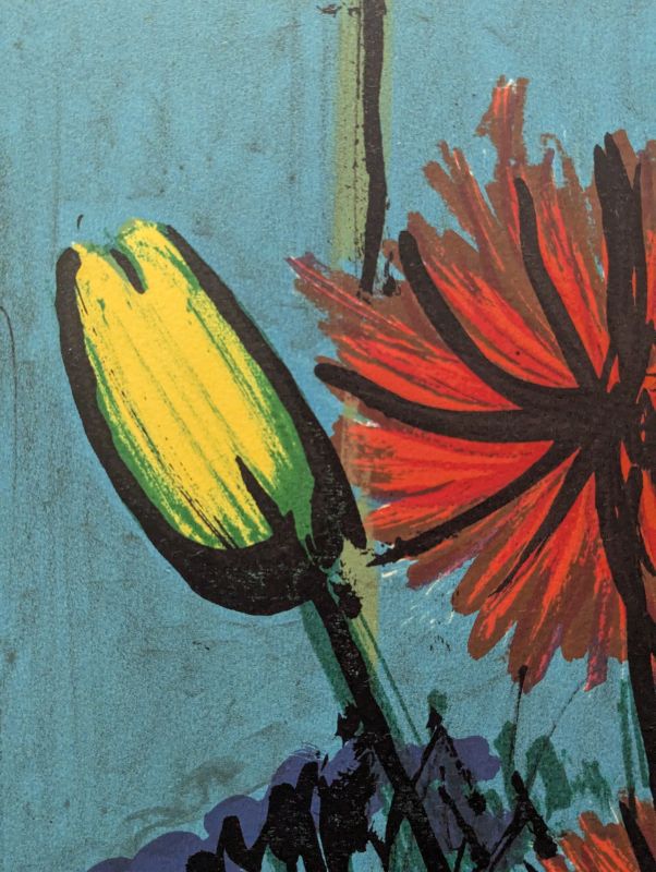 Blumenstrau&szlig; mit blauem Hintergrund (Farblithographie) - Bernard BUFFET