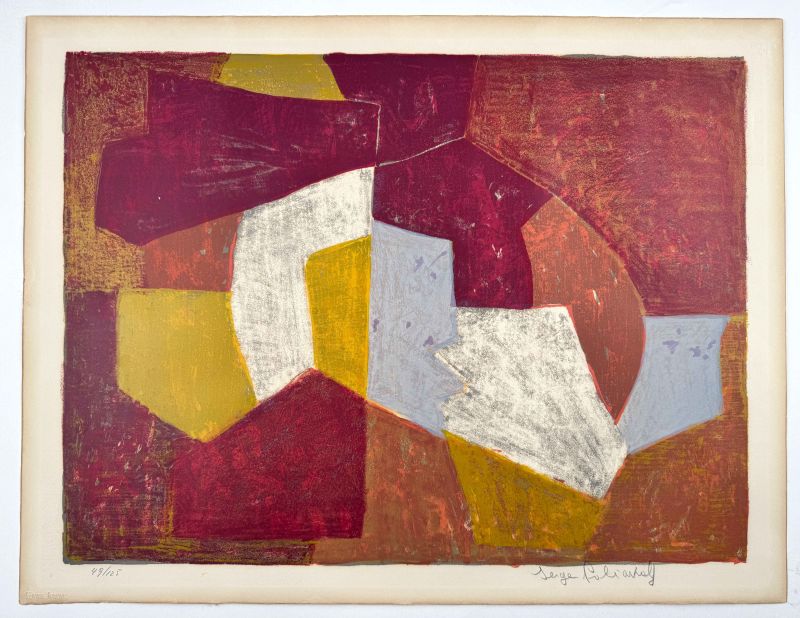 Carmine, brown, yellow and grey composition (Lithograph) — Serge POLIAKOFF — View with margins