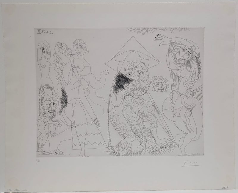 Old man in a Tonkin hat pondering the love affairs of elderly gentlemen (Etching) - Pablo  PICASSO