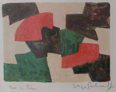 Composition verte, beige, rouge et brune L45 (Lithographie) - Serge  POLIAKOFF