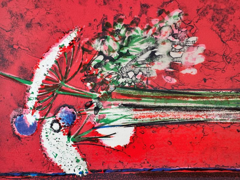 René Genis (1922-2004) // Nature morte aux fleurs et aux cerises (Litografía) — Artistes Divers