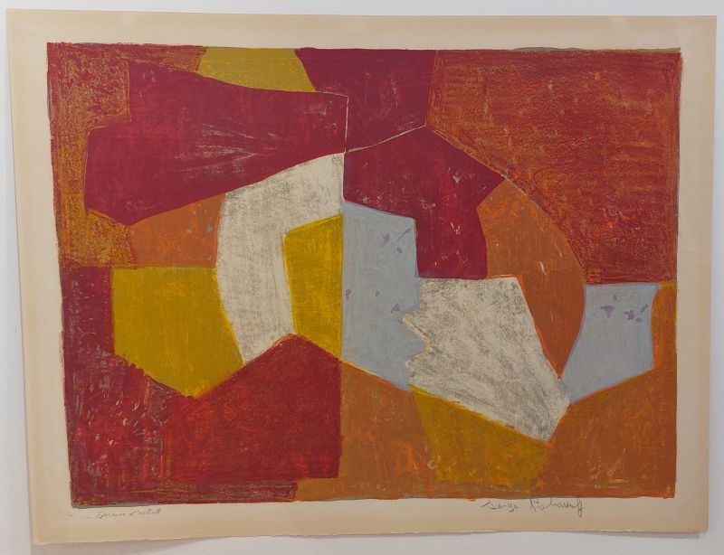 Composition carmin, brune, jaune et grise L11 (Lithographie) - Serge  POLIAKOFF