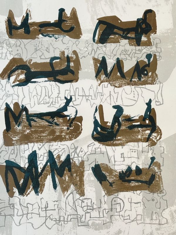 Huit personnages allongés sur un fond rocheux (Lithographie) - Henry  MOORE