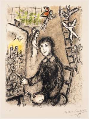 Le peintre devant le tabeau (Lithographie) - Marc CHAGALL