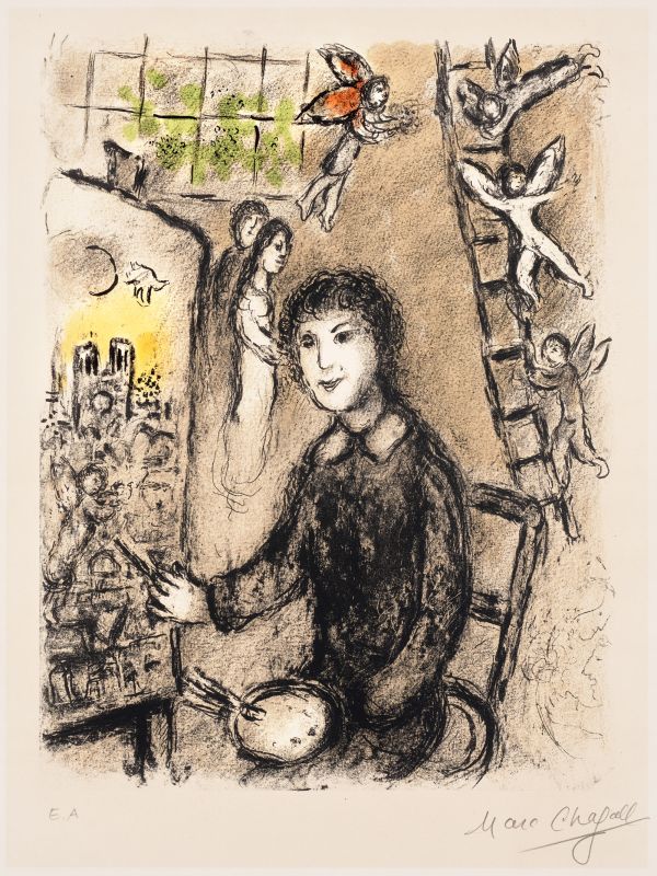 Le peintre devant le tabeau (Lithographie) - Marc CHAGALL