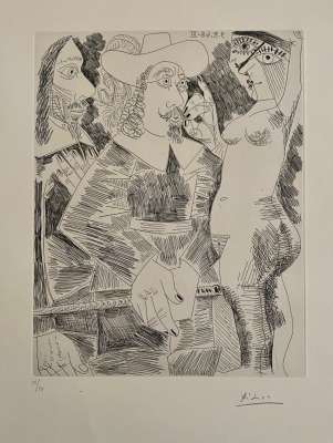 Jeune femme tirant la moustache d'un gentilhomme en train de tortiller son jonc (Etching) - Pablo  PICASSO