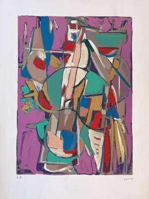 Abstract composition with pink background (Lithograph) - André LANSKOY