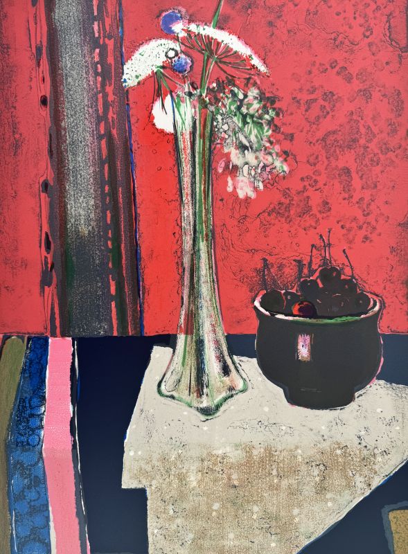 René Genis (1922-2004) // Nature morte aux fleurs et aux cerises (Litografía) — Artistes Divers