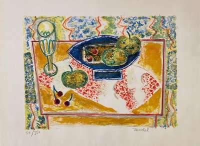 Gabriel Zendel (1906-1992) // Glass and fruit dish (Lithograph) -  Artistes Divers