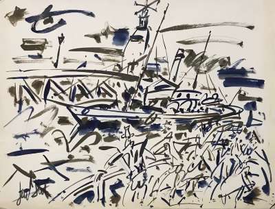 Bateau à quai (Encre ) -  GEN PAUL