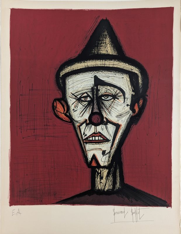 Mon Cirque, le clown au fond rouge (Litografía) - Bernard BUFFET