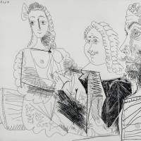 Hombre con chaleco afgano que reflexiona sobre el amor entre un «mosquetero» y su amada (Aguafuerte) — Pablo PICASSO — Vista frontal