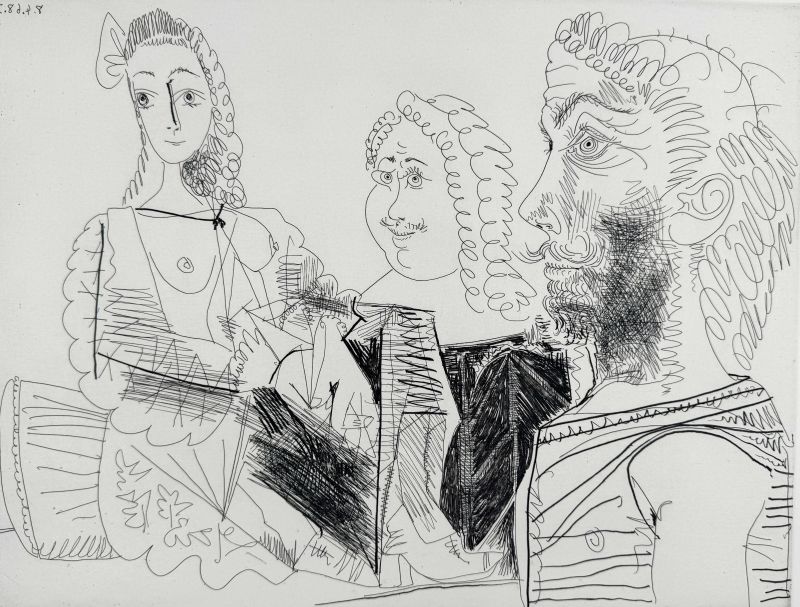 Hombre con chaleco afgano que reflexiona sobre el amor entre un «mosquetero» y su amada (Aguafuerte) — Pablo PICASSO — Vista frontal