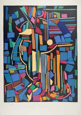 Collage bleu et rouge (Lithographie) - André LANSKOY