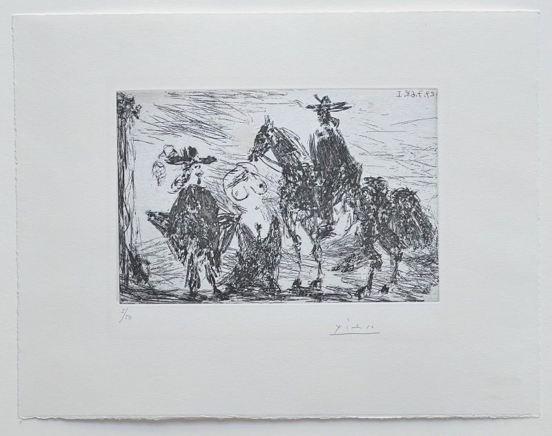 Gentleman, shameful woman and reitre (Etching) - Pablo  PICASSO