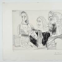 Hombre con chaleco afgano que reflexiona sobre el amor entre un «mosquetero» y su amada (Aguafuerte) — Pablo PICASSO — Vista con márgenes