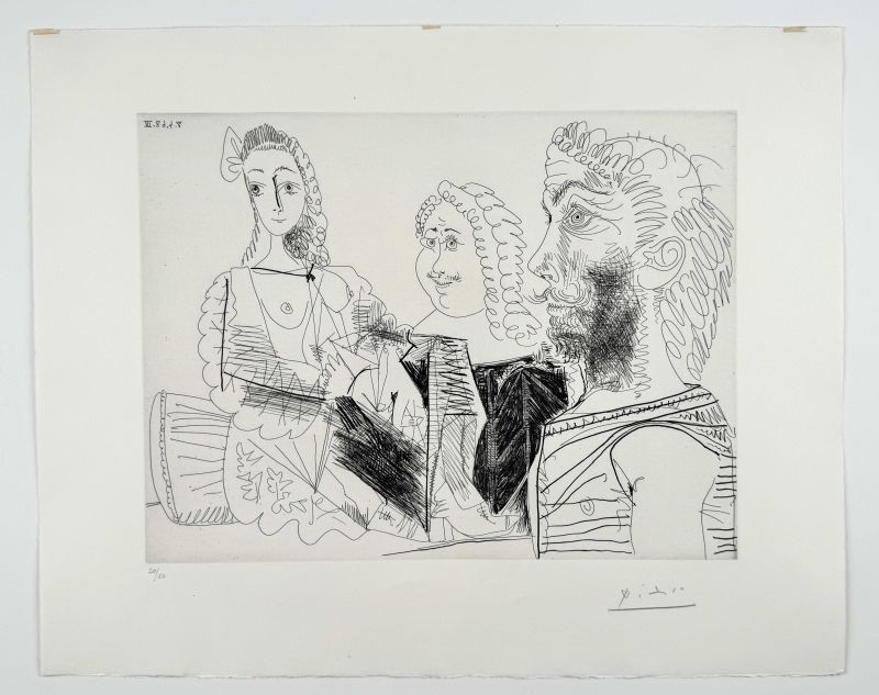 Hombre con chaleco afgano que reflexiona sobre el amor entre un «mosquetero» y su amada (Aguafuerte) — Pablo PICASSO — Vista con márgenes