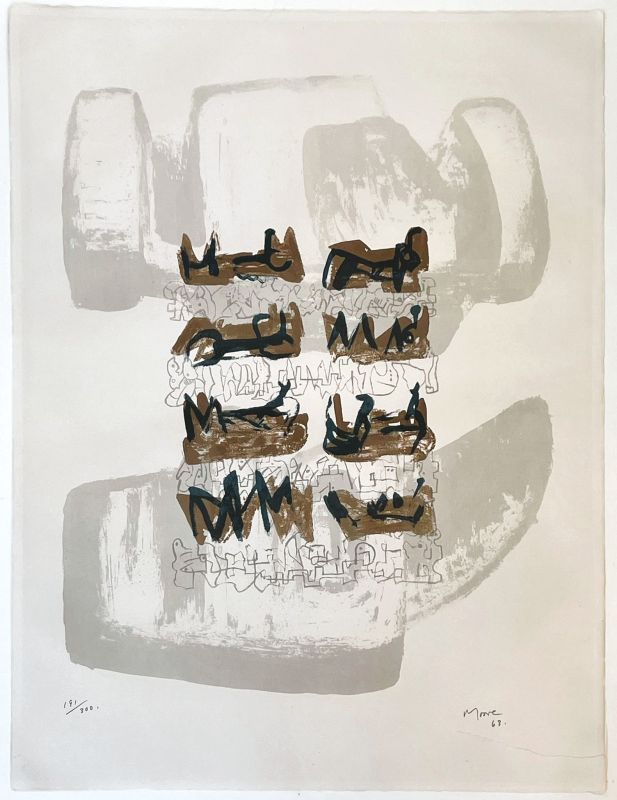Huit personnages allongés sur un fond rocheux (Lithographie) - Henry  MOORE