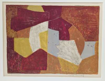 Composition carmin, brune, jaune et grise L11 (Lithographie) - Serge  POLIAKOFF
