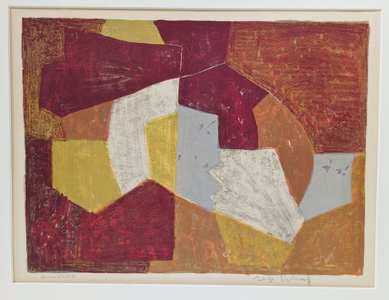 Carmine, brown, yellow and grey composition (Lithograph) - Serge  POLIAKOFF