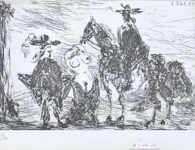 Gentleman, shameful woman and reitre (Etching) - Pablo  PICASSO