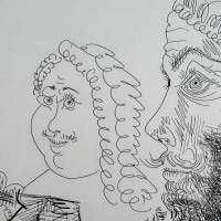 Hombre con chaleco afgano que reflexiona sobre el amor entre un «mosquetero» y su amada (Aguafuerte) — Pablo PICASSO — Vista de detalle