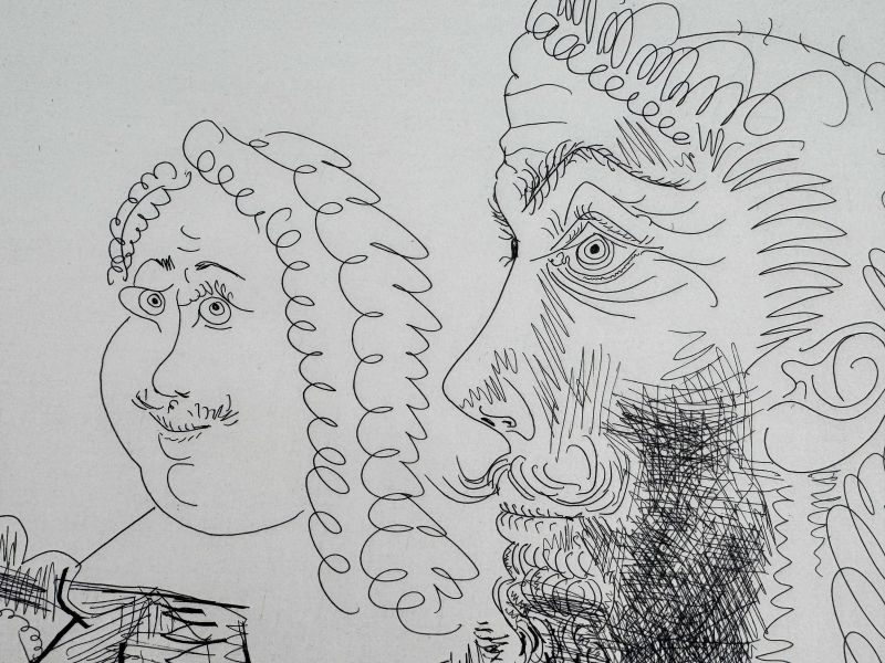 Hombre con chaleco afgano que reflexiona sobre el amor entre un «mosquetero» y su amada (Aguafuerte) — Pablo PICASSO — Vista de detalle