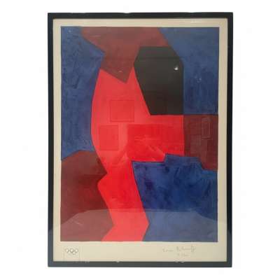 Komposition in Blau, Rot und Schwarz (Farblithographie) - Serge  POLIAKOFF