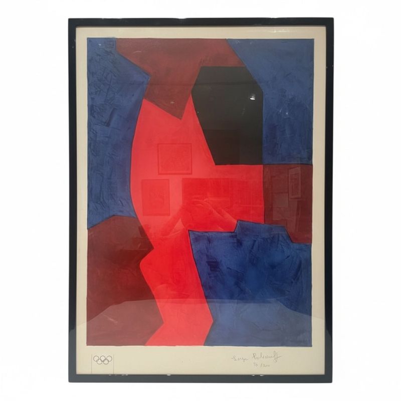 Komposition in Blau, Rot und Schwarz (Farblithographie) - Serge  POLIAKOFF