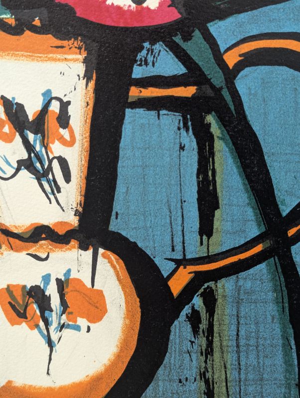 Blumenstrau&szlig; mit blauem Hintergrund (Farblithographie) - Bernard BUFFET