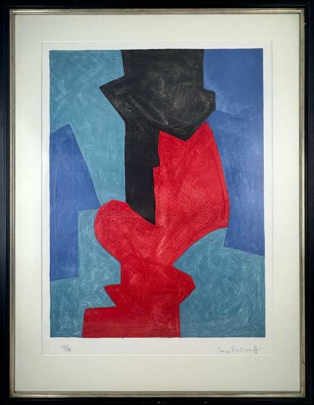 Komposition in Blau, Rot und Schwarz L75 (Farblithographie) - Serge  POLIAKOFF