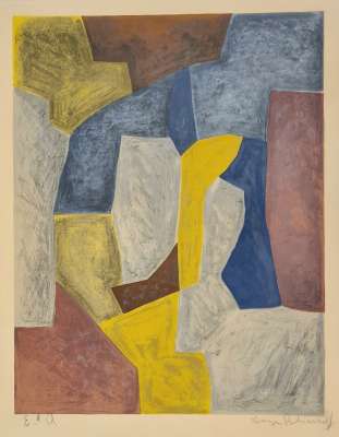 Composition carmin, jaune, grise et bleue L24 (Lithographie) - Serge  POLIAKOFF