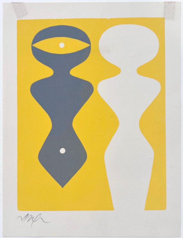Two figures on a yellow background (Wood engraving) - Hans ARP