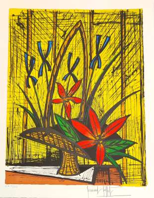 Strauß mit Iris und roten Blumen (Farblithographie) - Bernard BUFFET
