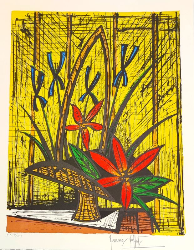 Bouquet aux Iris et fleurs rouges (Lithographie) - Bernard BUFFET