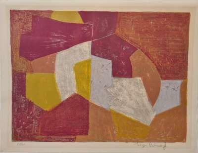 Composition carmin, brune, jaune et grise L11 (Lithographie) - Serge  POLIAKOFF